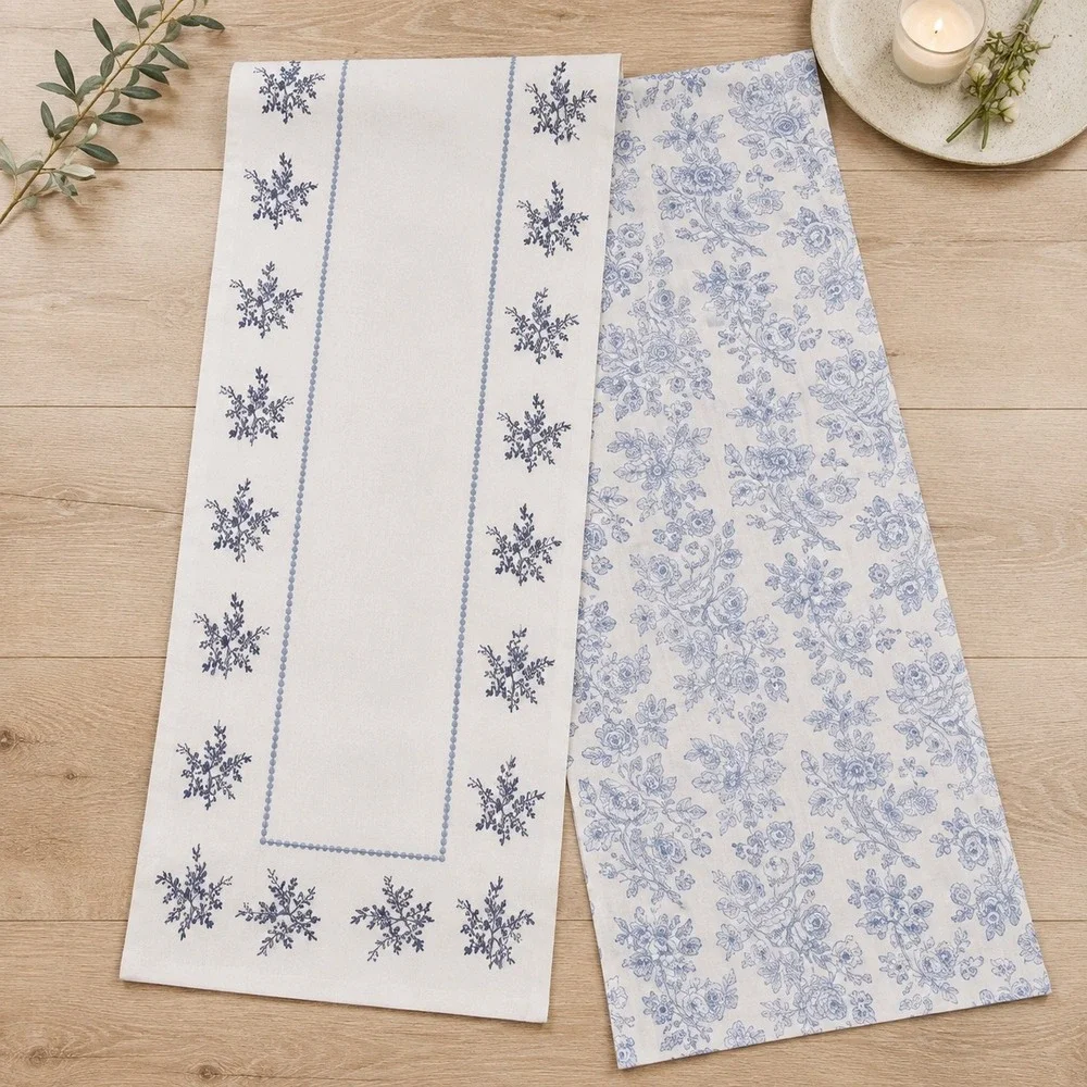 My Texas House Caminero Blue Floral Cotton Table Runner Reversible 14x90 New